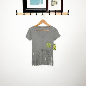 Zumba NWT! Vibrant V-Neck Fringe Top Gravel Gray Neon Logo Dance Fitness